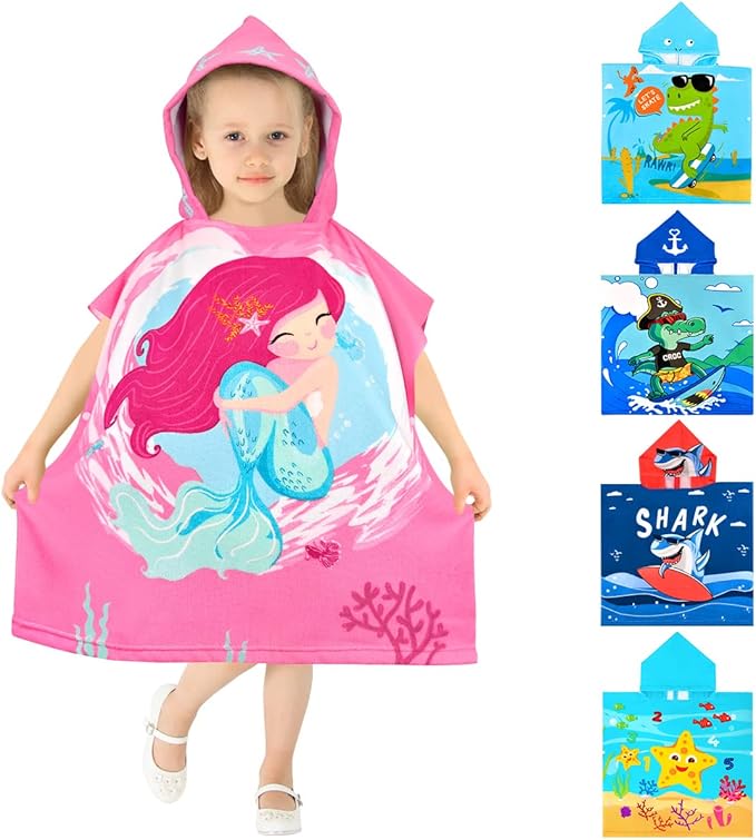 HUANLANG Kids Hooded Beach Towel for Boys Girls,Bath Pool Beach Poncho Towels Super Soft & Absorbent Cotton Towel Childrens Mermaid Beach Towels for Toddler 0-7 Years Old