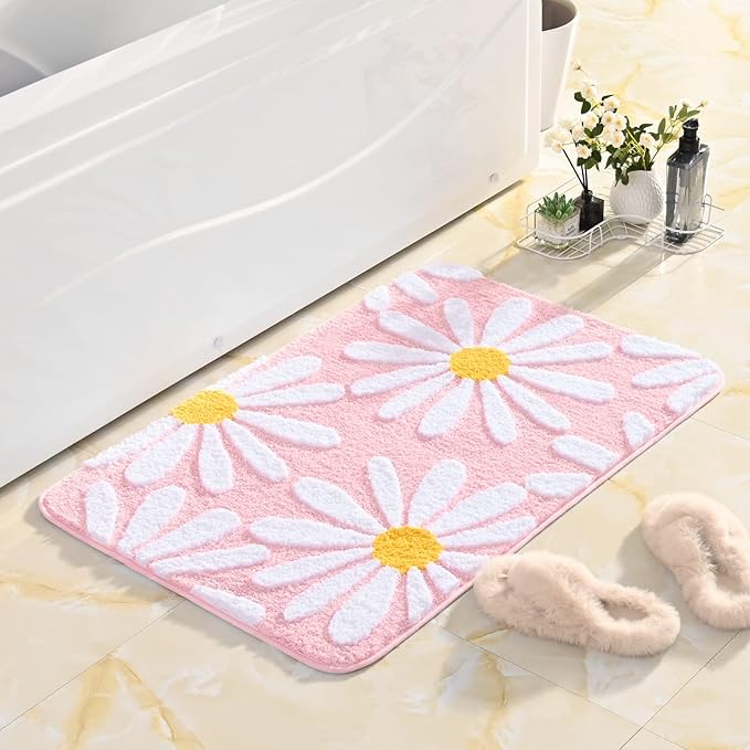 QJHOMO Pink Bathroom Rugs Cute Daisy Bath Mat White and Yellow Flower Decor Rug Non Slip Floor Carpet Microfiber Bathmat Super Absorbent Machine Washable Bathtub Mats for Shower (24x36 inch)