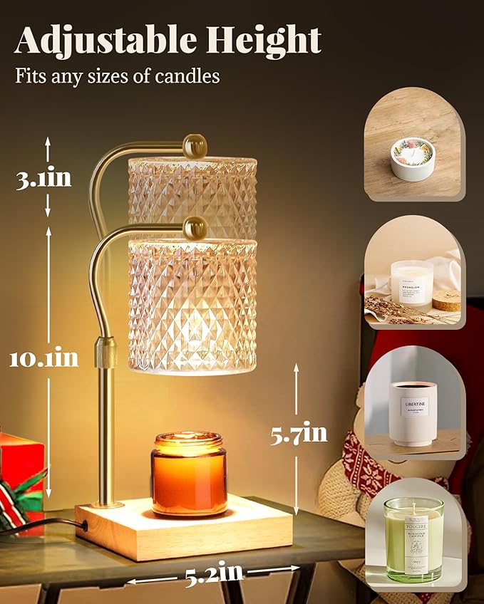 Candle Warmer Lamp with Timer Dimmer Adjustable Height, Mothers Day Gifts for Mom, Birthday House Warming New Home Decor Gifts for Women, Electric Wax Warmer with 2 Bulbs for Jar Candles, Amber