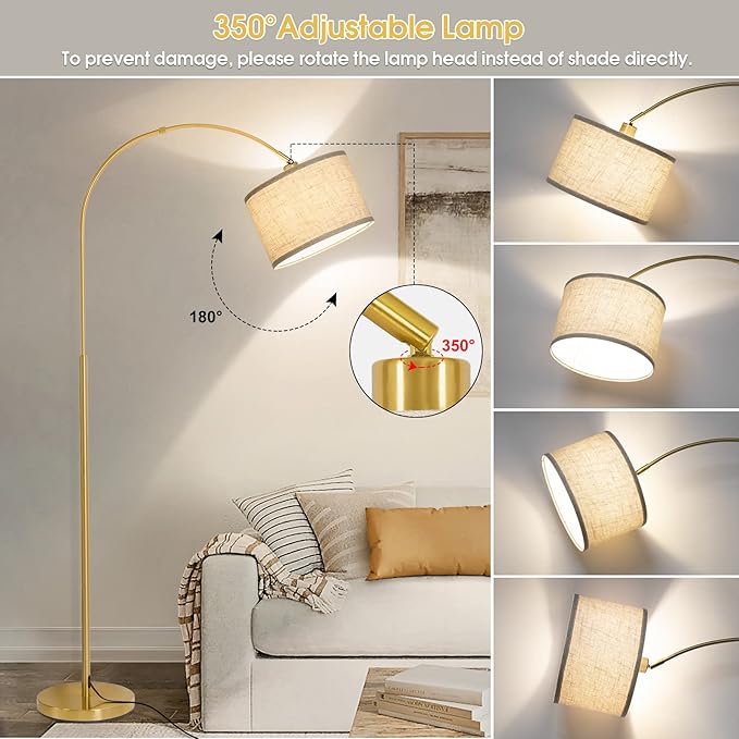 Gold Floor Lamp, Arc Floor Lamp for Living Room with Adjustable Drum Lampshade, Modern Tall Standing Lamp with On/Off Foot Switch, Over Couch Arched Reading Light for Reading, Bedroom, Office
