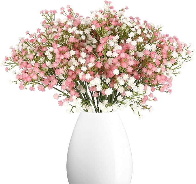 N&T NIETING Babys Breath Artificial Flowers Bulk, 15Pcs Fake Gypsophila Bouquet Flowers Real Touch Faux Babies Breath Arrangement for Wedding Floral Party Home Centerpieces Vase Decoration, Pink White
