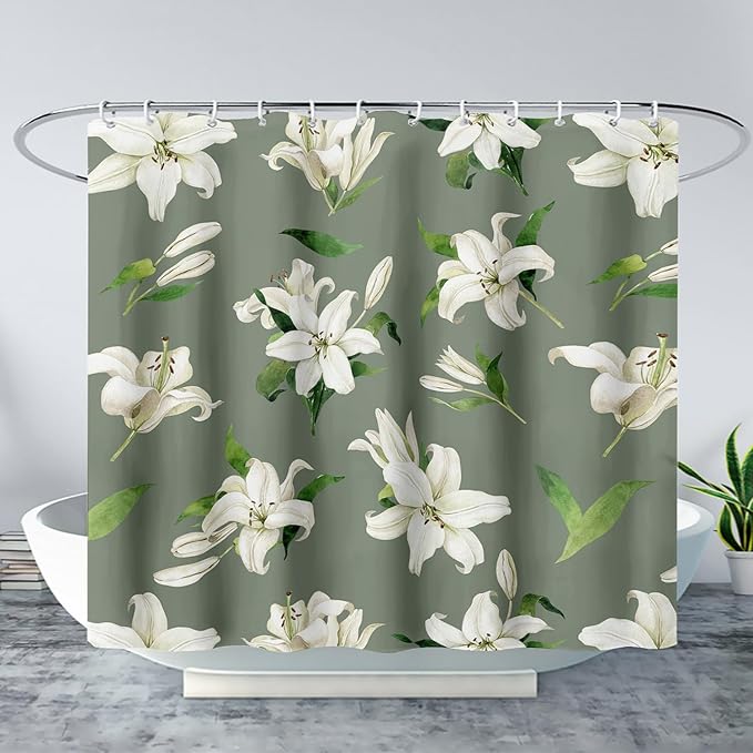 AILONEN Flower Shower Curtain, Vintage Garden Lilies Theme Waterproof Fabric Shower Curtain Set,Green Spring Flowers Bathroom Decor for Teen Girls Women,72" W*96" H