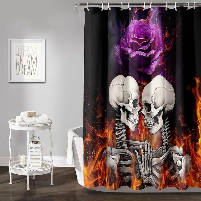 AILONEN Sugar Skull Shower Curtain,Fire Rose with Skeleton Design Shower Curtain Set with Hooks for Boys Girls Teens,Gothic Skull36 W*72" H
