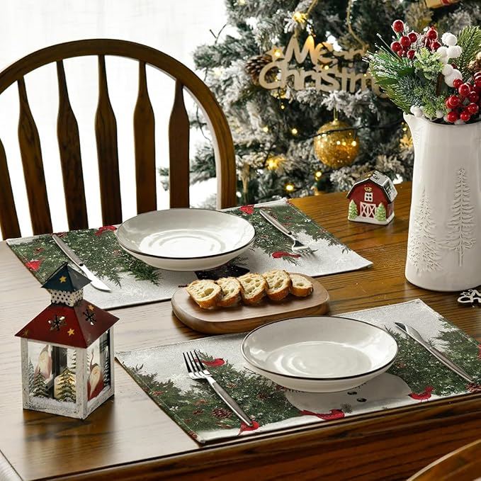 Artoid Mode Snowman Birds Trees Christmas Placemats Set of 8, 12x18 Inch Seasonal Grey Winter Holiday Table Mats for Party Kitchen Dining Decoration