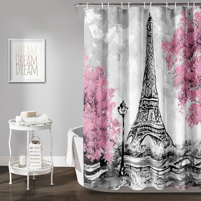 AILONEN Paris Tower Shower Curtain,Retro Gray Tower Waterproof Shower Curtain Set for Boys Kids Teens, 36" W*72" H Cherry Tree Eiffel Tower Pen Drawing Style Shower Curtains