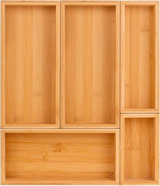 bamboo drawer organizer Set，expandable drawer dividers,wooden storage organizers,large trays for kitchen, bathroom,flatware,Tea Bag Organizer (1 X 5PCS Natural)