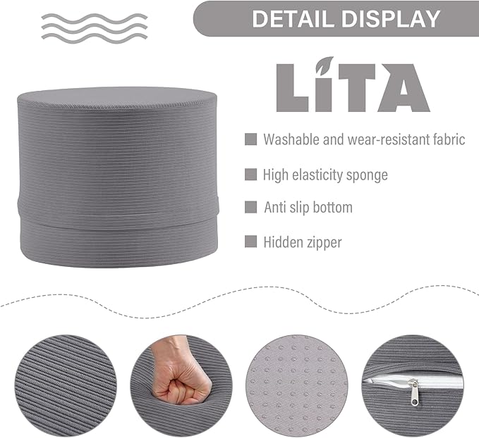 LITA Round Stuffed Pouf Ottoman, Corduroy Poufs with High-Density Foam Filling and Washable Cover, Furry and Fluffy Bean Bag Foot Stools Ottoman for Living Room, Bedroom, Office, Grey