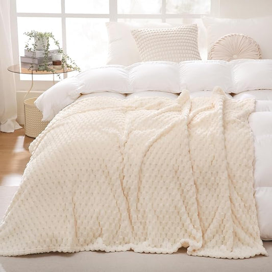 Puncuntex Cream White Throw Blanket 108"×90" inches Fuzzy 3D Jacquard Decorative Flannel Fleece Super Soft Plush Cozy Blanket for Couch Sofa Chair Lightweight