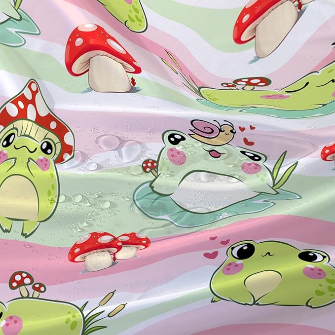 AILONEN Cute Frog Shower Curtain, Cartoon Mushroom Frog Printed Shower Curtain, 72" W*96" H Waterproof Green Wild Animals Kawaii Curtain with Grommets and 12 Hooks