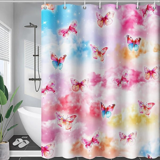 AILONEN Butterflies Shower Curtain Set, Colourful Butterfly Washable Fabric Shower Curtain for Girls,Shining Stars Waterproof Shower Curtain for Pink Lover,72" W*84" H