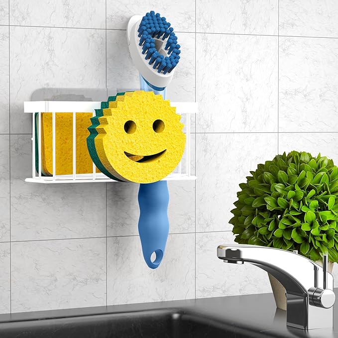 Sponge Holder Smiley Face, Sink Organizer with 2 Suction Cups/1 Adhesive Strips, Designed for Sponge, Soap, Dish Brush, Scrubber - White