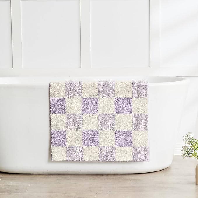 CozeCube Checkered Bath mats Non Slip, Fluffy Absorbent Microfiber Runner Bath mat Washable, Aesthetic Bathroom Rugs, Long Bath mat for Bathroom Floor, Tub and Shower, Purple, 47"X24"