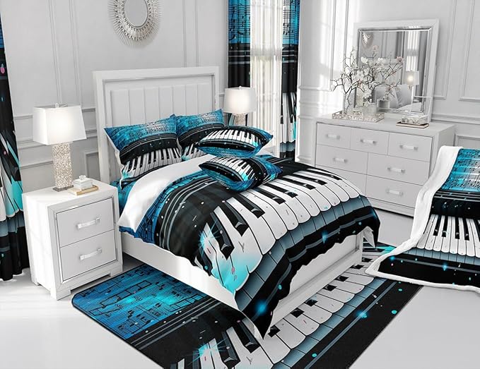 Feelyou Piano Shower Curtain Boys Girls Musical Fabric Shower Curtain for Kids Music Theme Bathroom Waterproof Accessories with 12 Hooks Blue Curtains,72x78 Inches