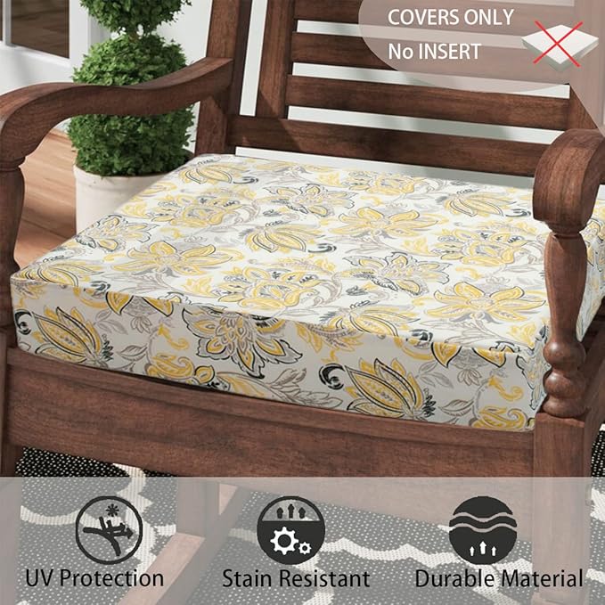FUNHOME Outdoor Cushion Covers 20 x 18 x 4 inch,Set of 2,Replacement Seat Cushion Cover for Patio Furniture Chair,Water Resistant,Fade-Resistant Slipcover Only,No Insert(Yellow Flower)