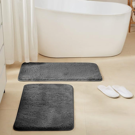 TECHMILLY Non-Slip Bathroom Rugs Sets 2 Piece, Fluffy Soft Luxury Microfiber Shower Mat, Absorbent, Washable & Quick Dry for Bath Floor, Grey