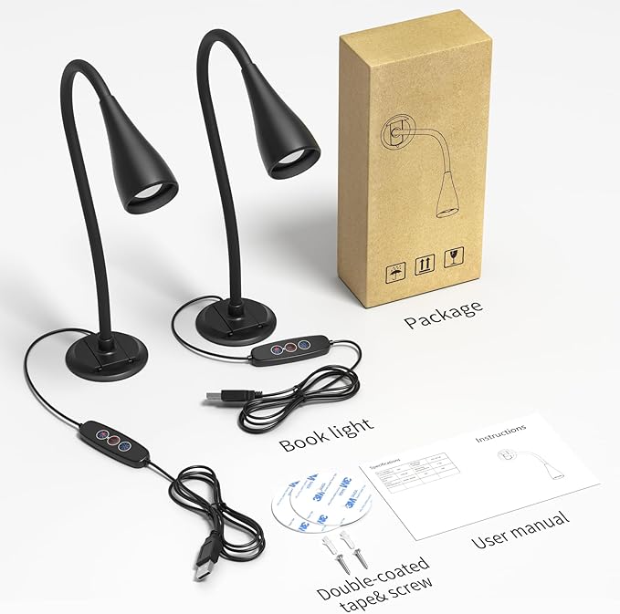 Book Light for Reading at Night in Bed, Wall Mount Reading Light for Bedside,Headboard, Eye Care LED, 5 Color & Brightness Dimmable, Flexible Gosseneck, 2 Pack
