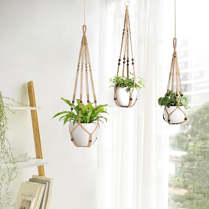 Mkono 3 Pack Macrame Plant Hangers Indoor Different Size Hanging Planter Basket Flower Pot Holder with Beads No Tasselss 43"/35"/29", Large, Brown