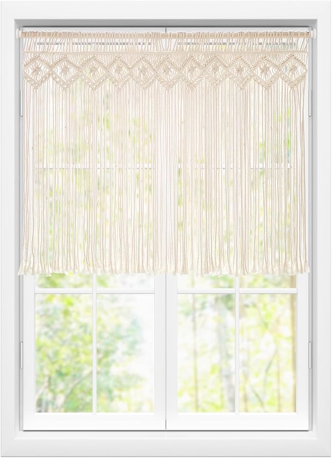 Mkono Wide Macrame Valance, 35" W x 26" H Short Window Treatments Panels Curtain Valance Woven Boho Wall Hanging Home Decor for Kitchen Bathroom Bedroom Living Room Apartment Dorm