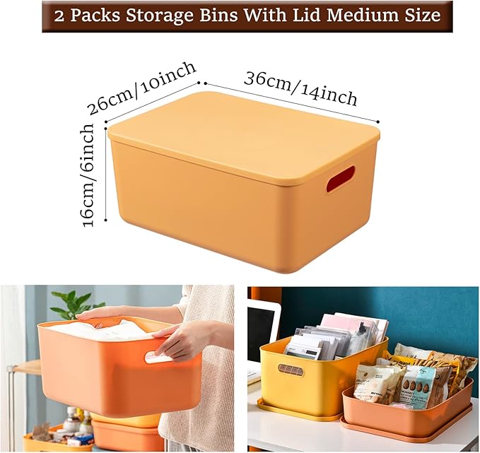 Plastic Storage Bins with Lid, Stackable Storage Containers for Organizing, Storage Baskets for Shelves Kitchen Bathroom Playroom Classroom Office (Medium (Yellow+Orange))