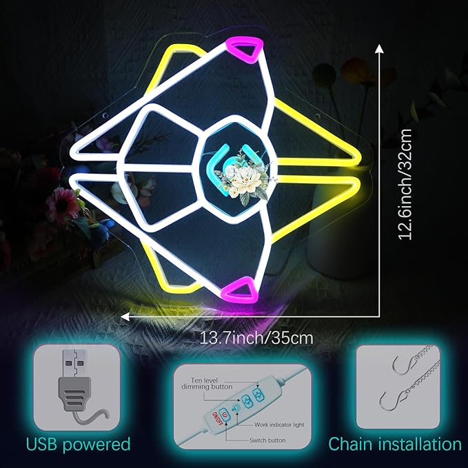 Gaming Ghost Shell Neon Sign for Wall Decor, Game Room, Bedroom, Man Cave, USB Powered, Dimmable, Pink, Yellow, Ice Blue, 13.7"x12.6"