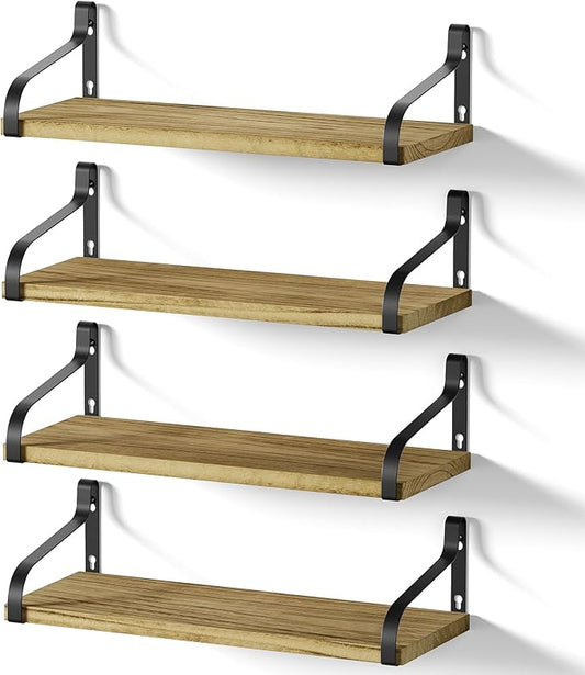 Love-KANKEI Floating Shelves for Wall Set of 4, 15.7 Inch Wood Wall Shelves with Bracket, Rustic Hanging Shelves for Bathroom, Bedroom, Kitchen, Living Room,Office Display Carbonized Black