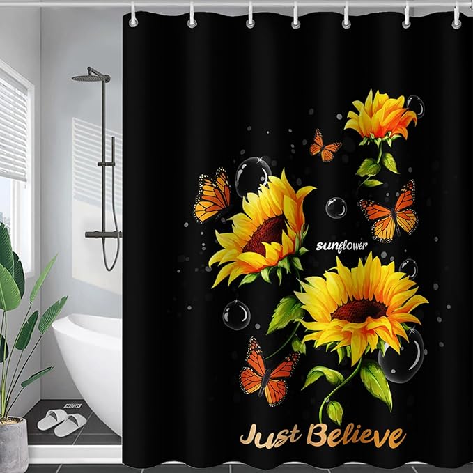 AILONEN Sunflower Shower Curtain for Bathroom,Butterfly Sunflower Bath Curtain Waterproof,Garden Yellow Flower Decor Bathroom Black Curtain with 12 Plastic Hooks, 36" W x 72" H