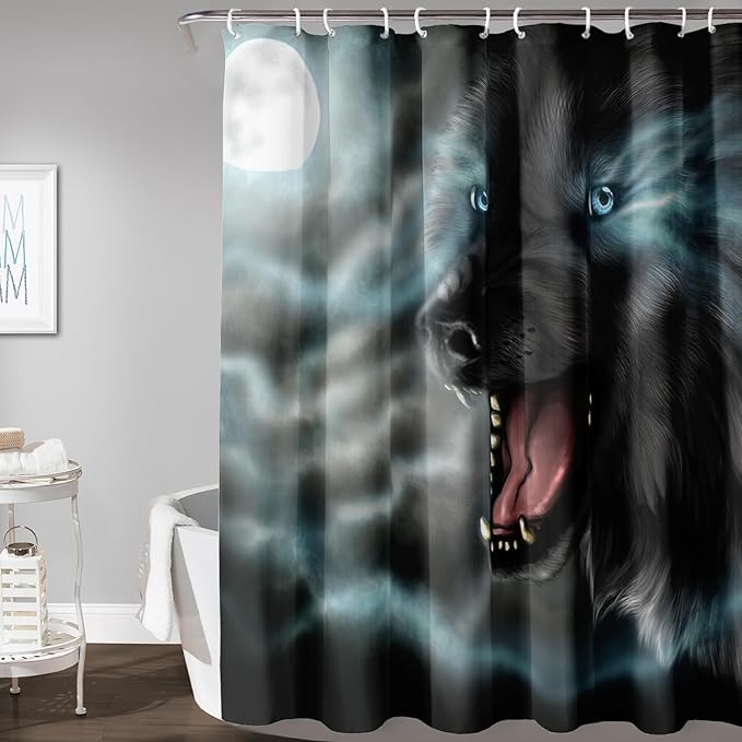 AILONEN Howling Wolf Shower Curtain,Cloud Moon Wolf Bath Curtain,Wildlife Wolf Polyester Waterproof for Bathroom,36" W*72" H with Plastic Hooks