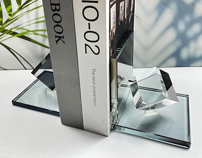 Crystal Bookends Decorative Glass Book Holders Heavy Duty Book Ends with Cube for Shelf Decor Unique Book Stopper Gray