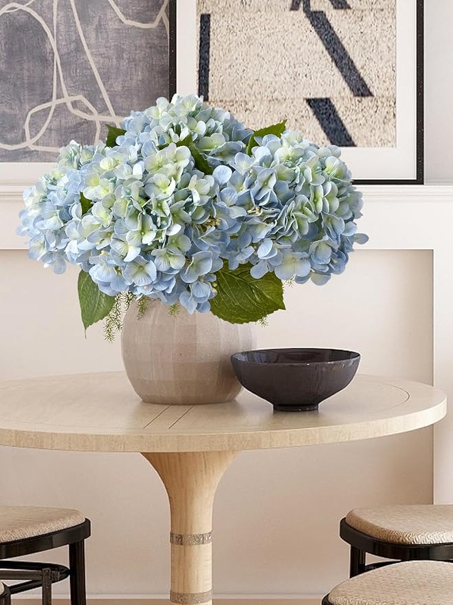 20" 4PCS Artificial Light Blue Hydrangea Flowers Large Faux Latex Real Touch Fake Hydrangeas Silk Bouquet with Leaves Stems for Family Table Office Wedding Party Arrangements