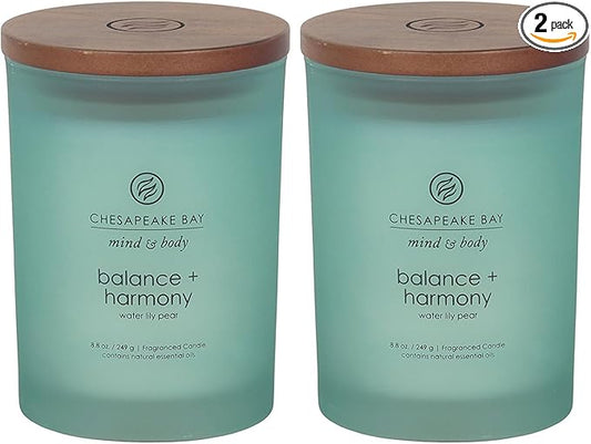 Chesapeake Bay Balance + Harmony Scented Candles, Water Lily Pear Fragrance, Medium Size, Natural Soy Wax, 50 Hours Burn Time, Pack of 2