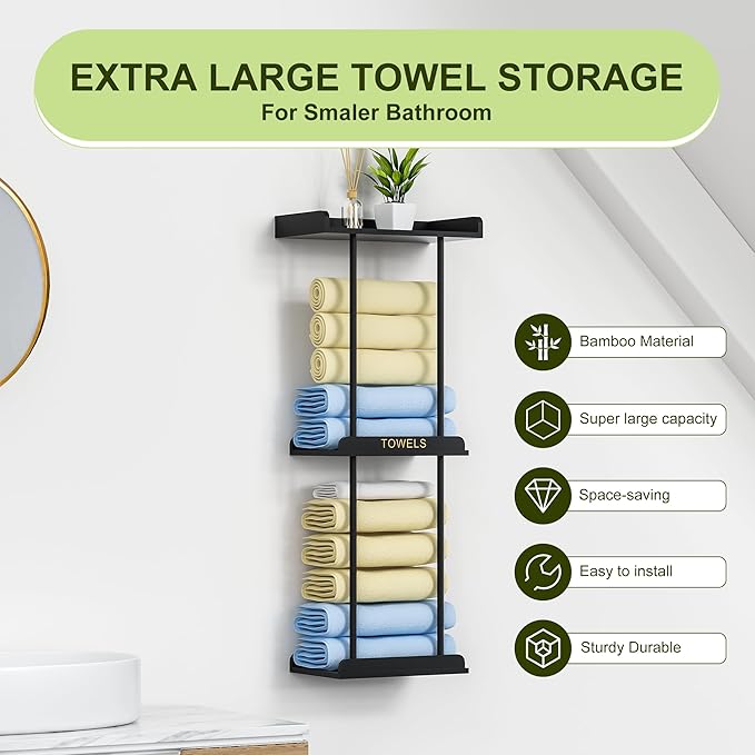 MinBoo Bamboo Bathroom Towel Storage Rack, Towel Racks for Bathroom Wall Mounted with Shelf Can Holds Large Towels, Wall Towel Rack for Rolled Towels, Black