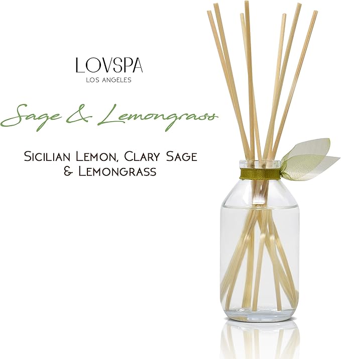 LOVSPA Sage & Lemongrass Reed Diffuser Set - Lemon, Kiwi, Clary Sage & Lemongrass Scent Diffuser - Reed Diffusers for Home with Long Lasting Fragrance - Non-Toxic Oil Reed Diffuser - Made in The USA