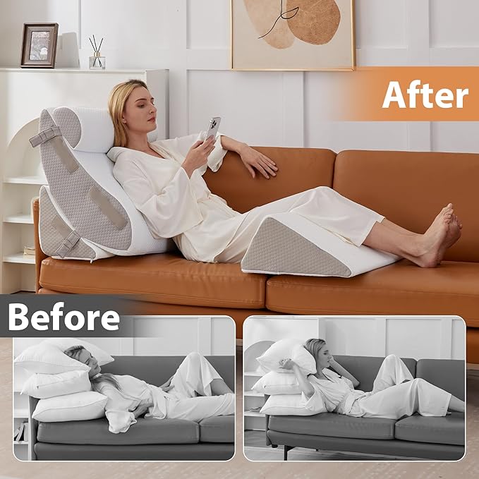 Orthopedic Bed Wedge Pillow Set 4PCS, Wedge Pillow Set for Back Pain Relief, Sitting up in Bed, Post Surgery, Acid Reflux, Snoring&GERD, Body Pillow for Sleeping,Leg,Neck,Shoulder Support, White/Grey
