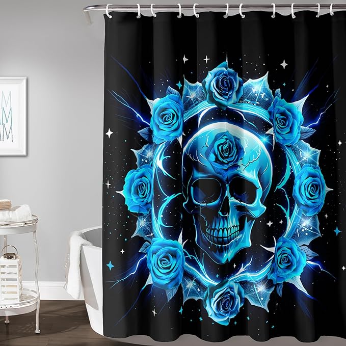 AILONEN Sugar Skull Shower Curtain for Bathroom,Blue Rose Flower Bath Curtain,Romantic Floral Skeleton Decor Bathroom Waterproof Curtain with 12 Plastic Hooks, 36" W*72" H