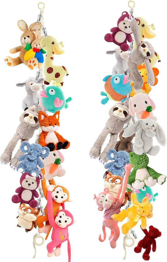 2PCS Stuffed Animal Hammock Corner - 78 Inch Stuffed Animal Storage with 40PCS Clips, Boho Stuff Animal Organizer with Wooden Ring Hanging Stuffed Animal Holder for Wall or Corner Nursery Collection