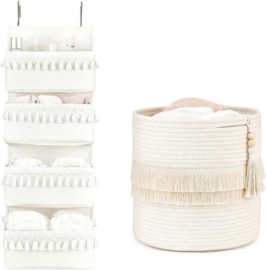 Dahey Over The Door Organizer with 4 Pockets and Macrame Decorative Cotton Rope Storage Basket Boho Nursery Decor for Bathroom, Bedroom, Dorm