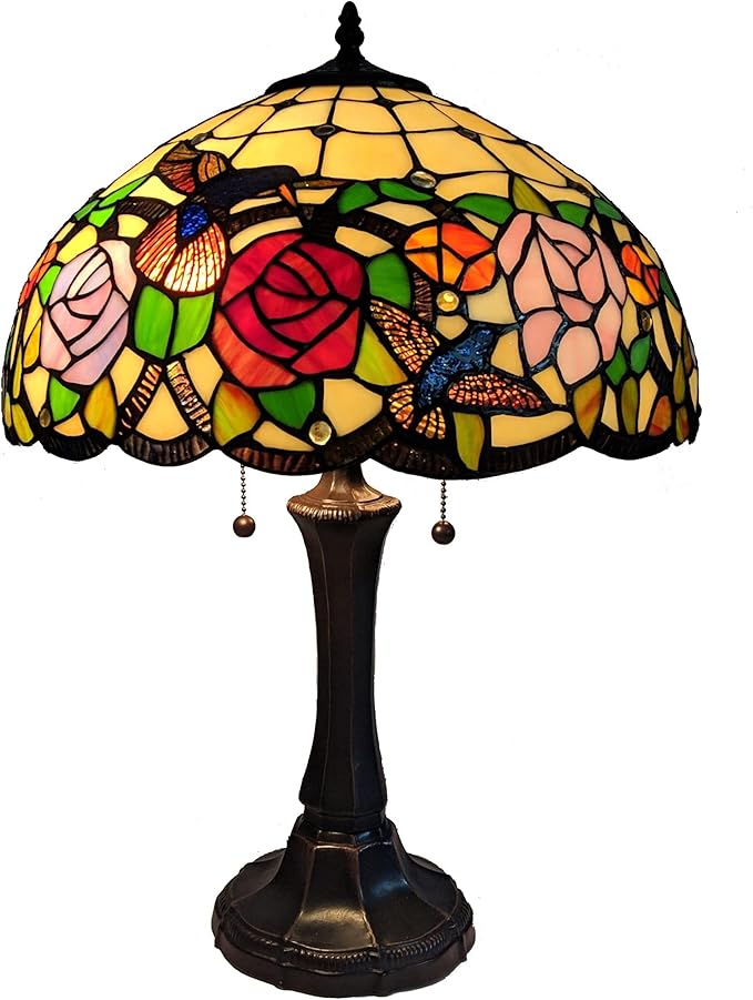 Amora Tiffany Style Table Nightstand Banker Lamp 22" Tall Stained Glass Red Green Yellow Floral Hummingbird Antique Vintage Light Decor Living Room Bedroom Desk Handmade Gift Lighting, Multicolor