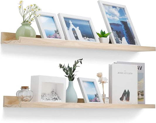 Long Floating Shelves Natural Wood, Picture Ledge Decorative Shelf 48 Inch, Large Wall Mount Photo Shelves Set of 2, Kitchen Unfinished Wooden Shelves for Bedroom Livingroom Bathroom,Pine Wood