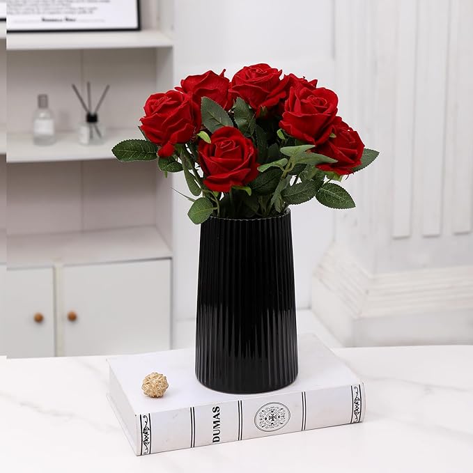 Black Ceramic Vase for Flowers, Large Modern Black Vase for Home Decor, Decorative Vase for Living Room, Office, Mantel, Shelf, Dining Table, 8 inches
