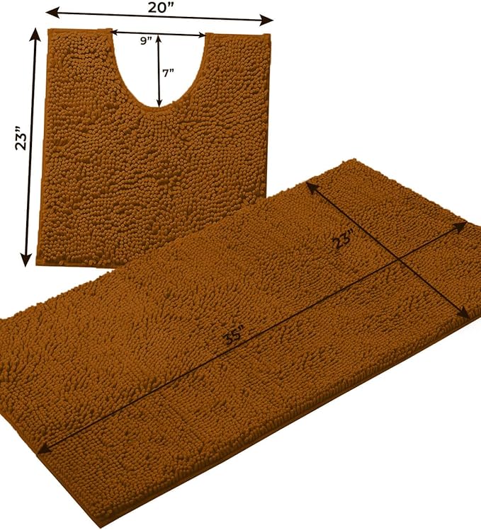Bathroom Rugs Sets 2 Piece, Luxury Chenille Bath Mat Set, Soft Plush Anti-Slip Bath Rug + U-Shaped Toilet Mat. Microfiber Shaggy Carpet, Super Absorbent (24” x 36” & 20” x 24” U, Pumpkin)