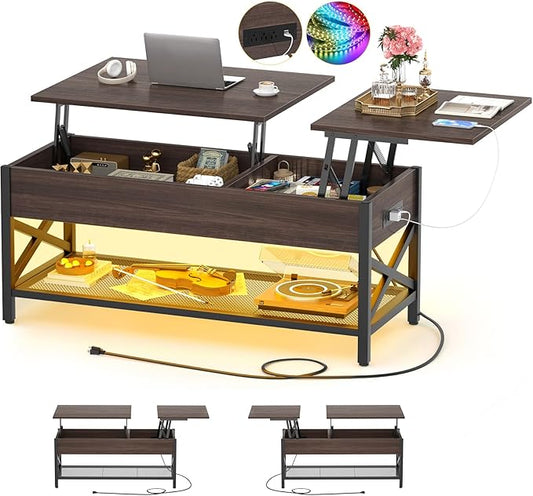 Aheaplus Coffee Table, Lift Top Coffee Table with LED light and Power Outlet, Modern Lift-Top Table with Storage Shelf, Center Table for Living Room with Lift Tabletop, X Support Metal Frame, Espresso