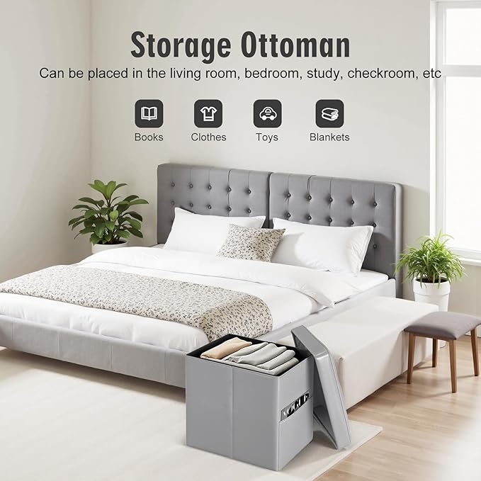 Ottoman with Storage, Ottoman Foot Rest Stool with Handles & Side Pocket. Folding Leather Storage Bench with Thicker Foam Padded Seat. Slim Tall Ottomans for Living Room 350lbs, 17x13x17in, Grey