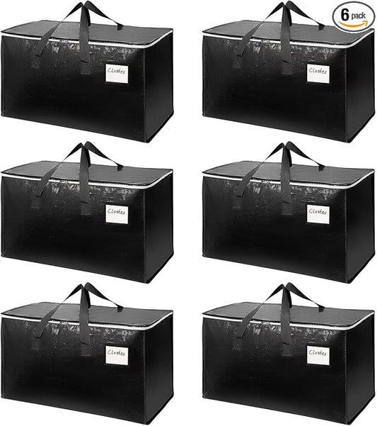 6-Pack Extra-Large Heavy-Duty Moving Bags with Reinforced Handles, Durable Zippers & Waterproof Material — Perfect for Space-Saving, Storage, Shipping and Travel (Black)
