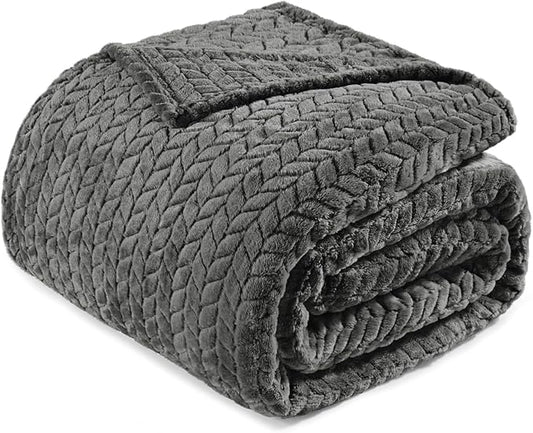 Exclusivo Mezcla Dark Grey Fleece Twin Size Blanket for Bed, 90x66 Inches Soft Cozy Jacquard Flannel Blankets, Lightweight Fuzzy Plush Warm for All Seasons