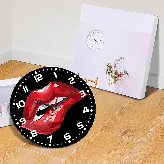 Red Lip Wall Clock - Vintage Wooden, Silent Non-Ticking, Battery Operated, Arabic Numerals, Decorative for Kitchen, Office, Classroom - 10 Inch