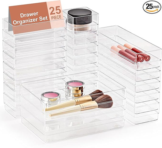 SMARTAKE 25-Piece Drawer Organizer with Non-Slip Silicone Pads, 4-Size Desk Drawer Organizer Trays Storage Tray for Makeup, Jewelries, Utensils in Bedroom Dresser, Office and Kitchen (Clear)
