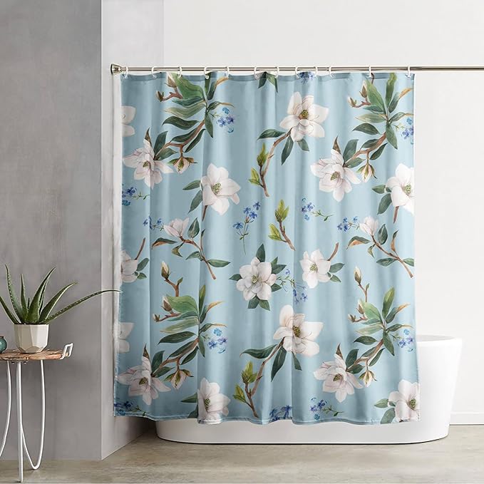 AILONEN Flower Shower Curtain, White Gardenia on Blue Background Fabric Shower Curtains for Bathroom,Elegant Floral Pattern Shower Curtain Set for Girls Women Couple,48" W*72" H