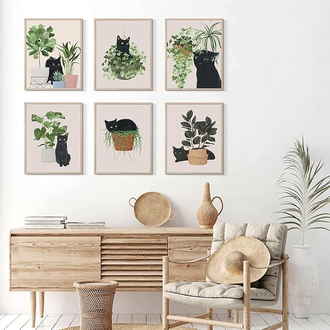 6pcs Cute Black Cat Botanical Wall Art, Green Leaves Plants Boho Wall Art Canvas Paintings, Minimalist Aesthetic Poster Prints Wall Decor Pictures for Living Room Bedroom Office, Unframed (8"x10")