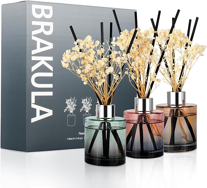 Brakula 3 Pack Reed Diffuser, Oil Diffuser Sticks, Fresh Linen, Eucalyptus&Wild Mint, Lavender Vanilla (4 fl oz Each Pack), Home Fragrance with 18 Sticks, Home Decor, Reed diffusers for Home