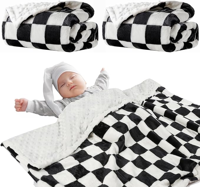 Soft Checkered Baby Blankets for Unisex Girls or Boys Breathable Gender Neutral Nursery Double Layer Blankets with Dotted Backing for Newborn Toddlers (30??X 40??